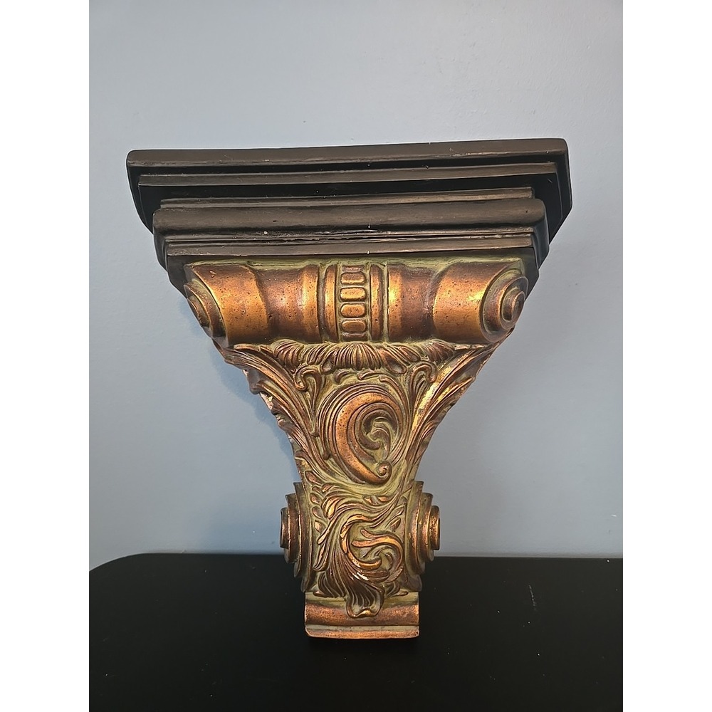 Vintage Wall Shelf Sconce Scrolls Leaves Copper Tone Green Antique Look 11"x11"